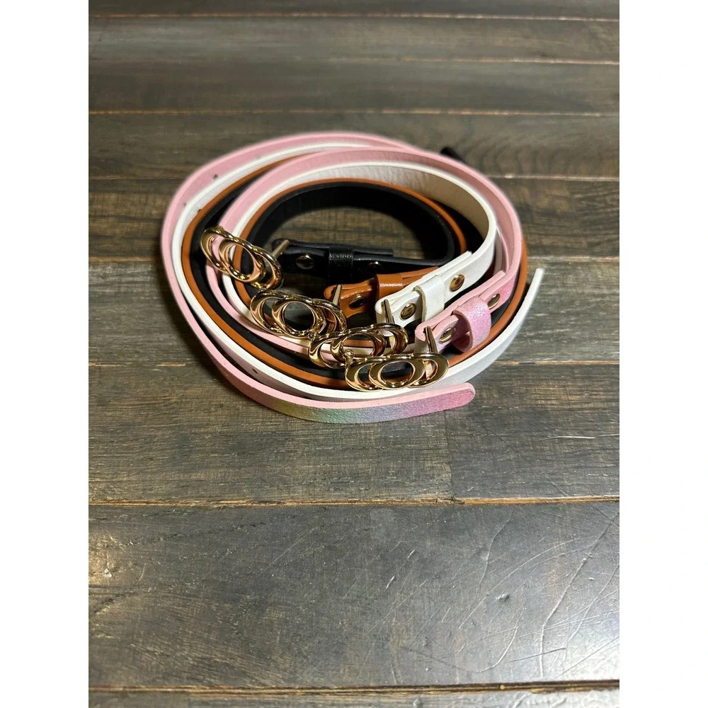 Kids Skinny Belt Set 4 Pack Gold Double Ring Buckle Black Brown White Pink Ombre